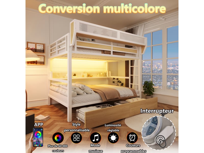 Lit mezzanine enfant 90x200 cm en métal avec led, étagère, panier rangement et 2 tiroirs - blanc - Conforama E