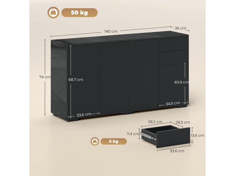 Buffet meuble de rangement 2 tiroirs coulissants 4 portes étagère réglable panneaux de particules 140 x 36 x 74 cm noir - Conforama E