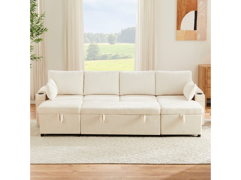 Canapé d'angle, canapé convertible, 4 places, beige, porte-gobelets, pour salon, mobilier pour espace de vie, appartement - Conforama W