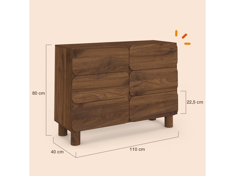  Commode 6 tiroirs arrondis saranda 110 cm bois effet noyer  - Conforama D