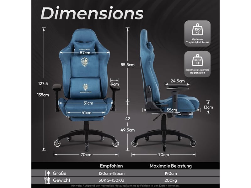  Fauteuil gaming ergonomique – velours – repose-pieds – dossier inclinable jusqu’à 160° – bleu  - Conforama B