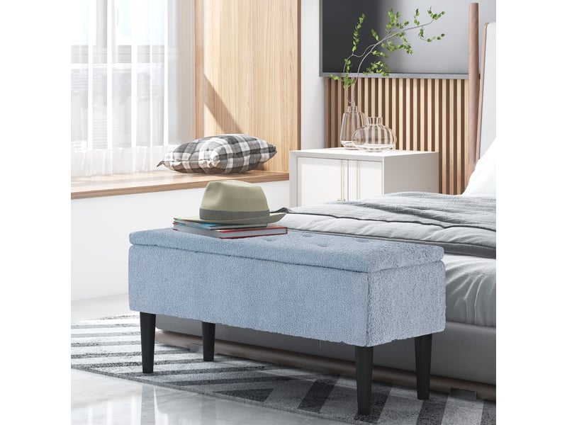 Banc de rangement coffre de rangement revêtement bouclette, pieds en bois de caoutchouc bleu 95 x 38 x 45 cm - Conforama D
