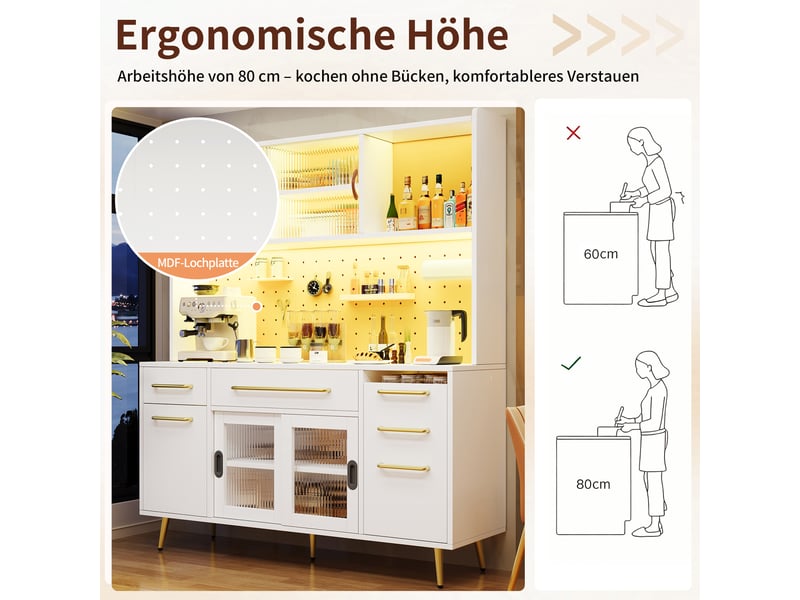 Buffet de cuisine led 145x39x171 cm, meuble de rangement cuisine et salon avec panneau perforé, tiroir, porte vitrée, mdf, blanc ABC - Conforama D