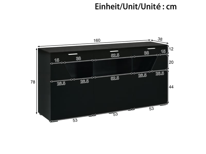  Buffet de rangement 160x38x78 cm, éclairage led, 3 portes, éléments vitrés, finition brillante pour salon et salle à manger - noir GL008867S - Conforama C