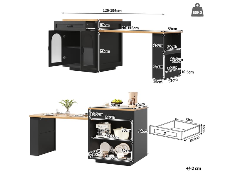  Îlot de cuisine extensible 126-196 x 80 x 94 cm, 2 tiroirs, portes vitrées et éclairage led rgb, noir, en mdf robuste  - Conforama C