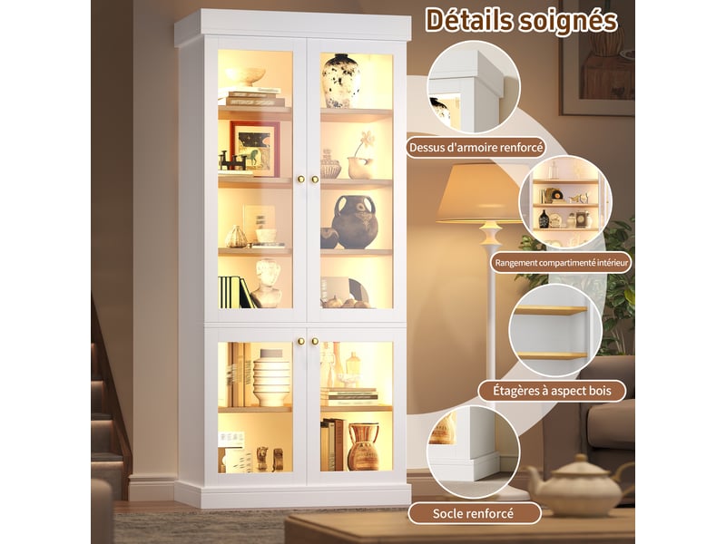  Lot de 2 vitrines 80 x 40 x 180 cm - avec led multicolore, portes vitrées, étagères réglables, anti-basculement, blanc  - Conforama D