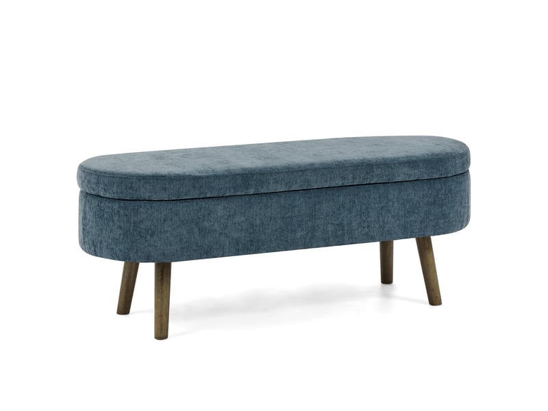  Banc coffre en chenille et bois massif bleu 110×40×42 cm, rangement 20 l, forme arrondie, pieds en bois  - Conforama A