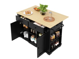 Îlot de cuisine noir et bois avec prises électriques, chariot de cuisine pliable avec rangement, 151.5x84.7x91.7 cm