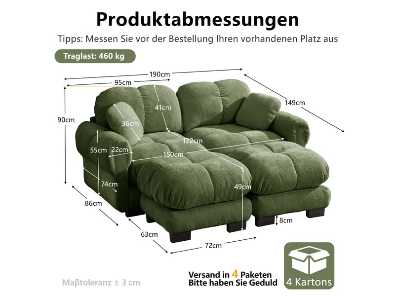  Canapé modulable en u 2 places, avec 2 poufs mobiles, 190 x 149 x 90 cm, chenille vert  - Conforama C