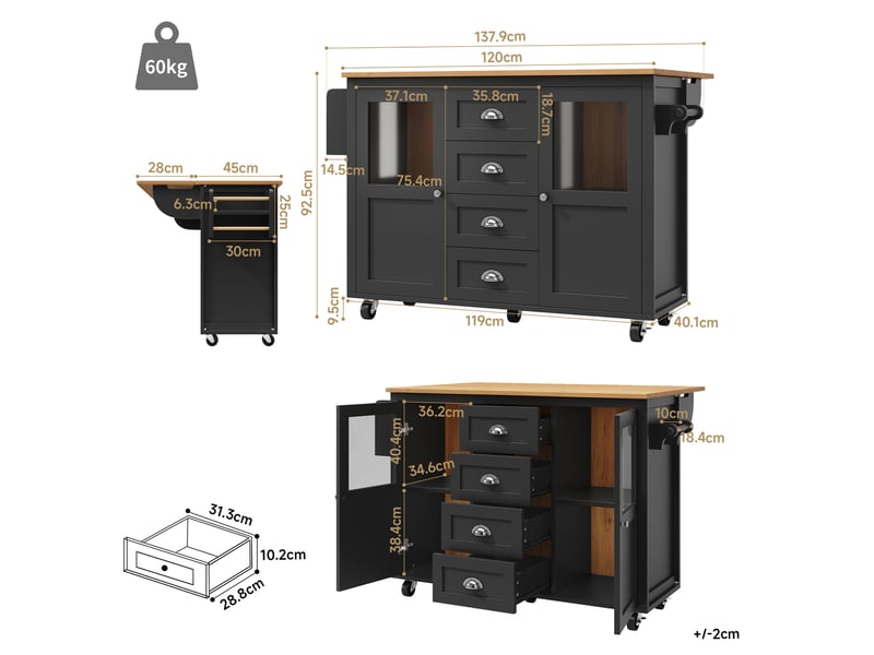  Îlot de cuisine mobile avec plateau pliable, desserte de cuisine à 4 tiroirs et 2 portes vitrées, porte-épices, 137x73cm, noir  - Conforama D