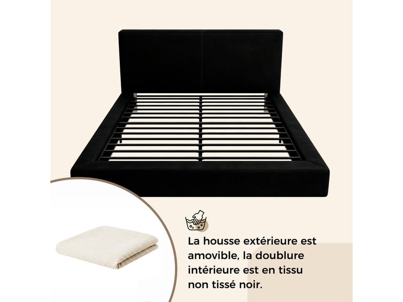  Lit rembourré, lit double 160 x 200cm avec sommier à lattes, tête de lit rembourrée, chenille beige  - Conforama E