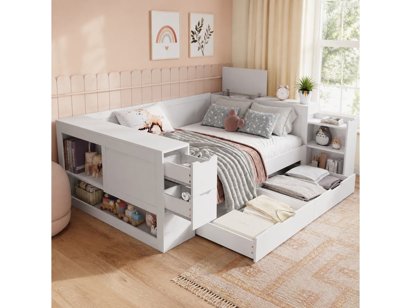  Lit coffre enfant 140x190 cm avec tiroir et rangements latéraux, mdf blanc  - Conforama D