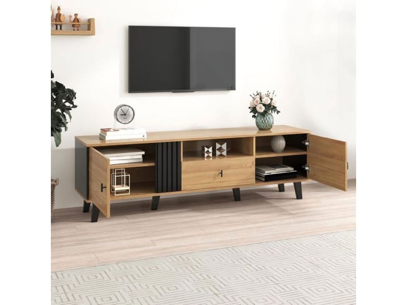  Meuble tv moderne 170cm avec tiroir 2 portes étagère ouverte console multimédia scandinave aspect bois avec accents noir  - Conforama C