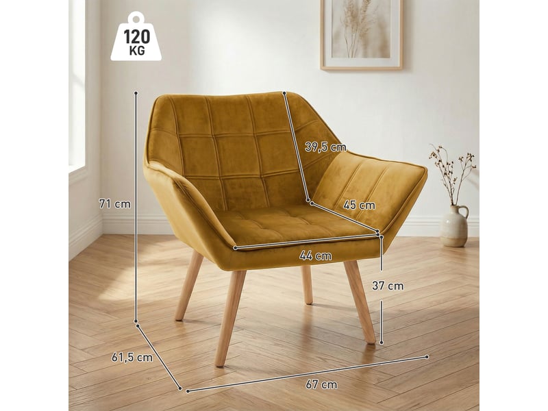  Fauteuil rembourré effet velours pieds bois d'hévéa jaune 67 x 61,5 x 71 cm  - Conforama C