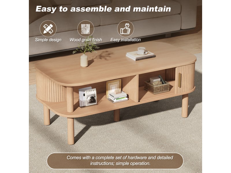 Table basse avec porte coulissante et rangement pour salon en mdf 110×55×45 cm bois naturel  - Conforama C