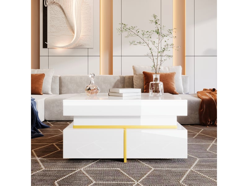  Table basse carrée avec 2 tiroirs, finition brillante et détails dorés, pour salon, blanc, 70 x 70 x 35.5 cm  - Conforama C