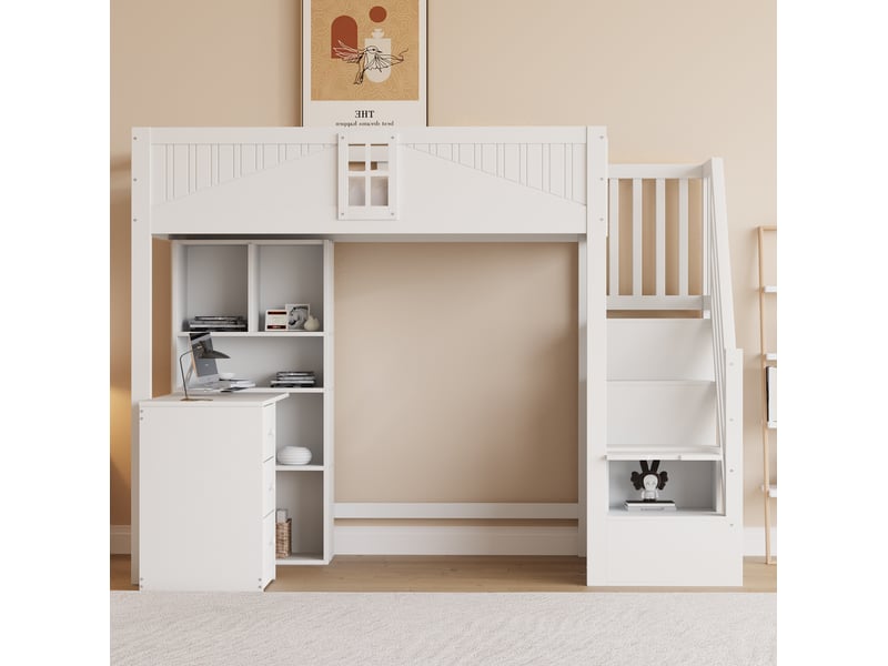 Lit mezzanine 90x200 cm, bureau, échelle de rangement latérale, garde-corps avec fenêtre, bois, blanc, sans matelas - Conforama E