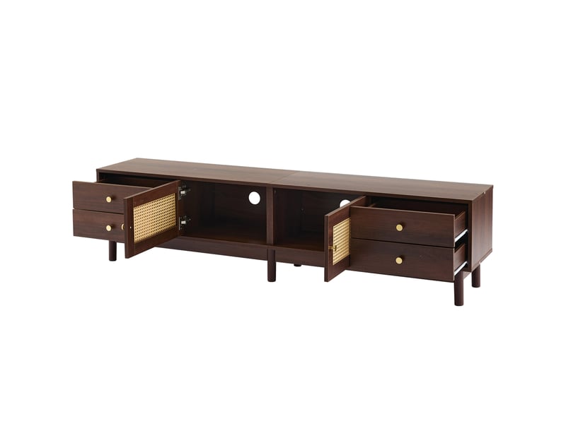  Meuble tv moderne effet bois foncé 180 cm avec 2 portes cannage rotin et 4 tiroirs, gestion câbles pour tv jusqu'à 80 pouces  - Conforama D