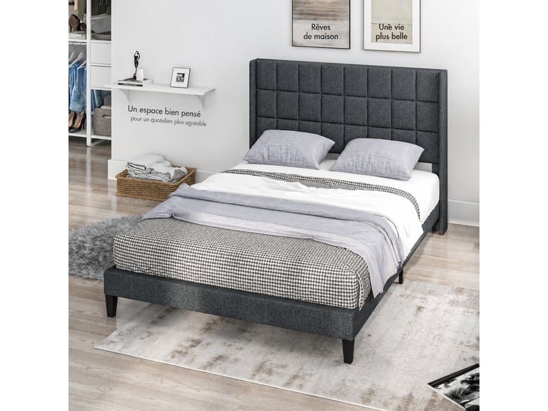  Lit double 135 x 190 cm avec tête capitonnée à oreilles et lattes en bois, tissu aspect lin gris  - Conforama E