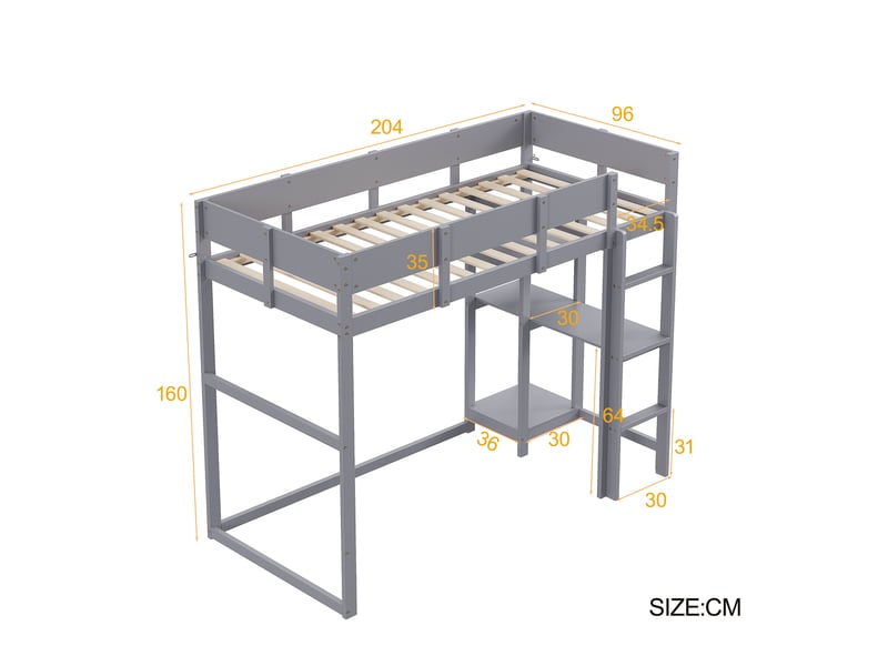  Lit mezzanine 90x200 cm, sommier 15 lattes, échelle, rangements intégrés, barrières, bois, gris sans matelas  - Conforama C
