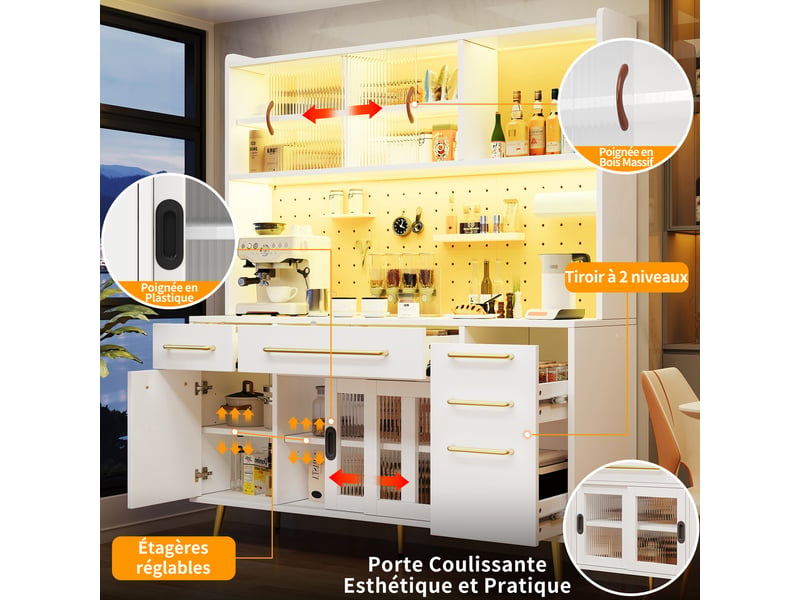  Meuble de cuisine muvano, buffet haut de cuisine blanc avec led et panneau perforé, 145 × 39 × 171 cm  - Conforama R