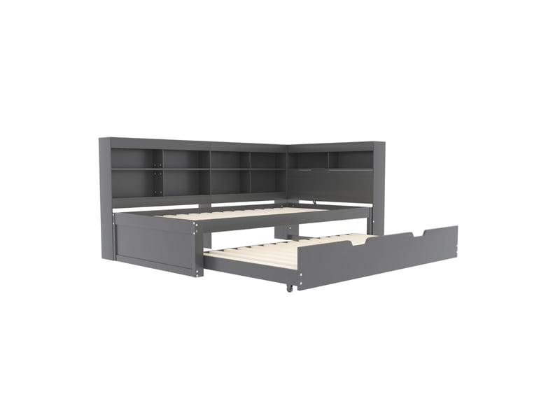 Lit simple gigogne 90x200+90x190 cm, prise usb, gain de place, lit enfant, espace de rangement, bois gris, sans matelas - Conforama E