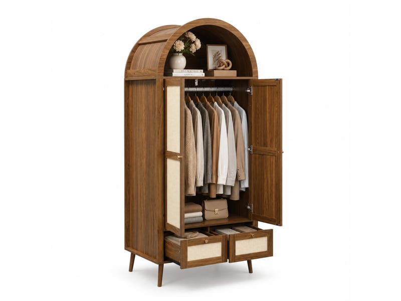  Armoire 80x55x180 cm, 2 portes, 2 tiroirs, penderie, niche arquée, mdf et pe aspect rotin, noyer et beige  - Conforama A