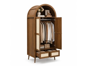 Armoire 80x55x180 cm, 2 portes, 2 tiroirs, penderie, niche arquée, mdf et pe aspect rotin, noyer et beige