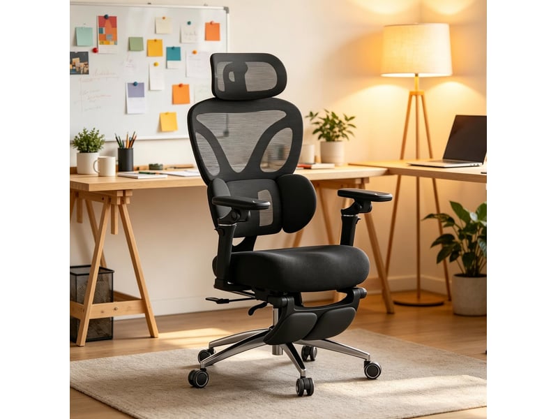  Fauteuil de bureau ergonomique noir avec repose-pieds, appui-tête et soutien lombaire  - Conforama B