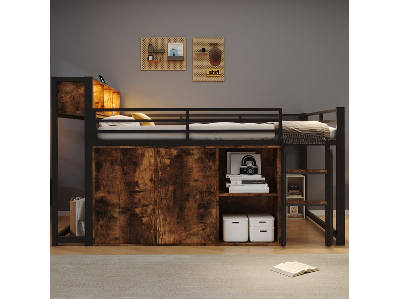 Lit mezzanine 120x200 cm, armoire, niches, led, prise, échelle, métal et mdf, noir et décor bois, sans matelas - Conforama B