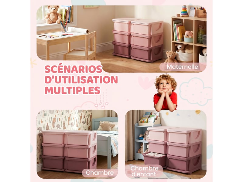  Organisateur de jouets pour enfants à 3 niveaux avec 6 tiroirs, boîtes de rangement en plastique, rose, 75x37x56,5cm  - Conforama E