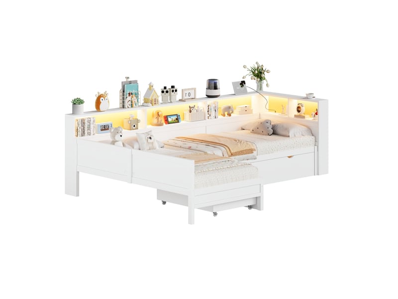  Modenvie lit d'angle gigogne 90x200 cm - avec rangement et ports usb, led - pour petit espace - blanc  - Conforama A
