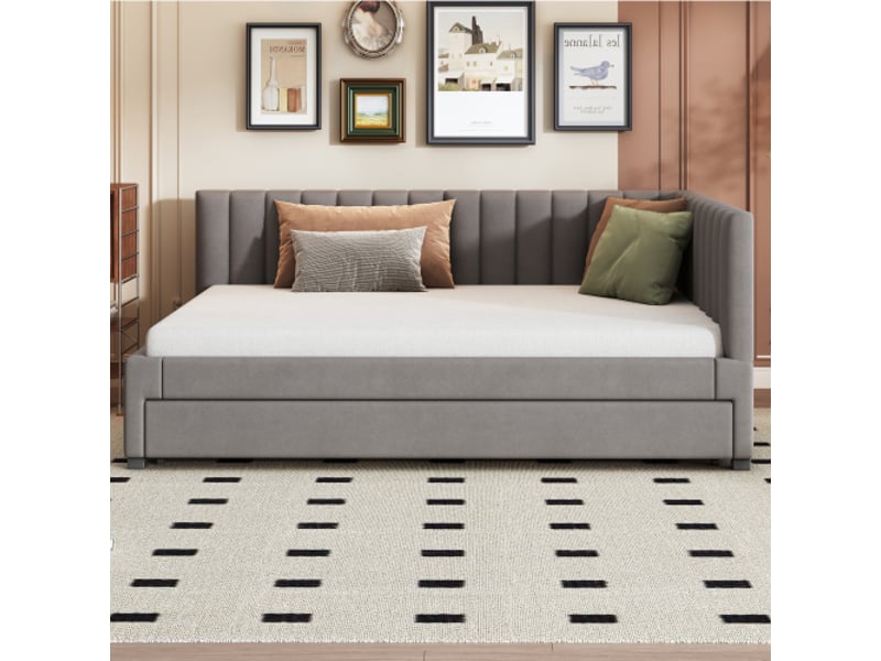  Lit gigogne 140x200 cm, avec tête de lit et lattes, en tissu, gris, sans matelas  - Conforama C