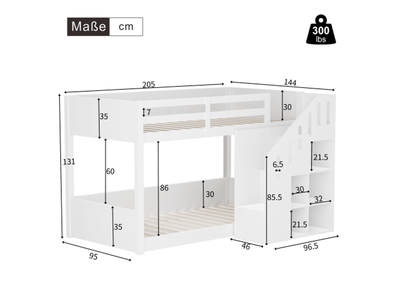  Lit superposé pour enfants en bois massif 90x200cm avec escaliers,casiers et balustrade stable,sans matelas,blanc lit enfant blanc - Conforama C