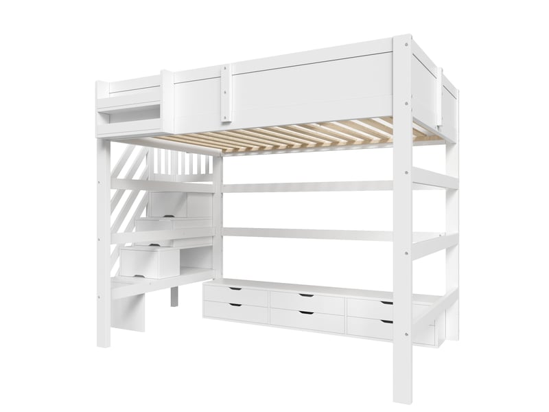  Lit mezzanine en bois, 140 x 200 cm, avec 6 tiroirs, grand espace de rangement sous le lit et escalier avec rangements intégrés, blanc  - Conforama A