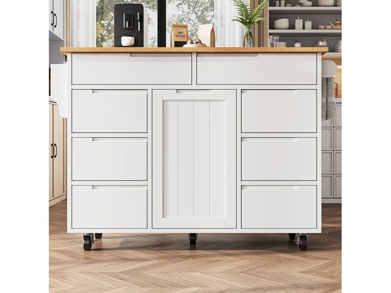  Îlot de cuisine mobile 122 cm, plateau rabattable, 8 tiroirs et roulettes, blanc  - Conforama E