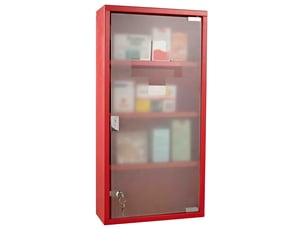 Armoire à pharmacie 3 étagères 4 niveaux verrouillable porte verre trempé dépoli logo croix 30l x 12l x 60h cm acier rouge