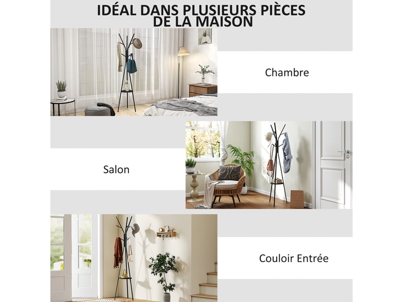  Porte-manteau trépied design branches étagère 9 patères 45x45x180 cm métal noir pour entrée  - Conforama E