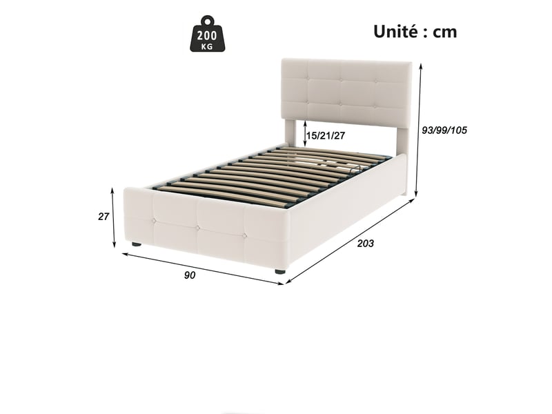  Lit coffre 90x200 cm simple capitonné avec espace de rangement et coffre hydraulique, lit velours beige  - Conforama C