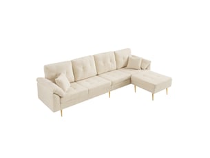 Canapé d'angle 4 places avec pouf modulable à gauche ou à droite, pieds en fer 20 cm, velours côtelé beige clair