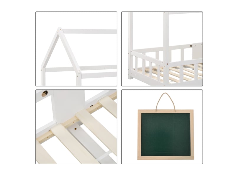  Lit cabane enfant 90 x 200 cm en pin massif avec tableau, barrières et sommier 15 lattes, blanc WF197916AAW - Conforama E