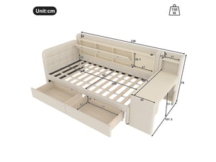 Banquette-lit 90*200cm, cadre lin et mdf, avec bureau, deux tiroirs, usb-c, rangements, sans matelas, beige