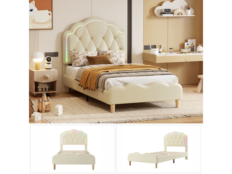  Lit simple pour enfant 90x200 cm - lit décoratif avec tête de lit en forme de vague et bandes led - simili cuir + bois + métal - sans matelas - blanc  - Conforama D