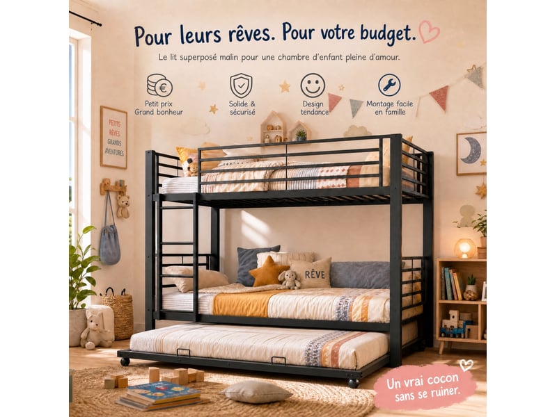 Lit superposé enfant 90 x 200 cm avec lit gigogne 90 x 190 cm, métal noir, échelle et barrières, 3 couchages - Conforama D