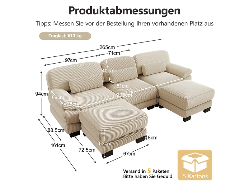  Canapé modulable en u 3 places 265x161x94 cm avec 2 poufs, assise profonde, coussin lombaire épais, velours côtelé  - Conforama C