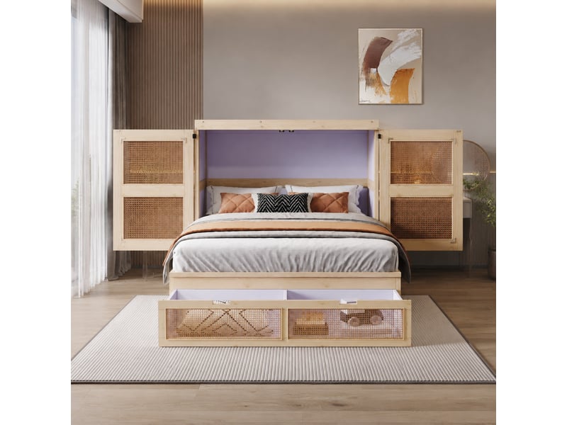  Lit escamotable vertical 140 x 200 cm avec sommier à lattes et tiroirs, bois clair naturel  - Conforama C