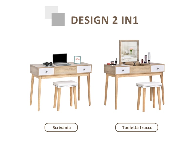  Coiffeuse moderne avec miroir coulissant, rangement pour bijoux, 2 tiroirs et tabouret, couleur bois  - Conforama D