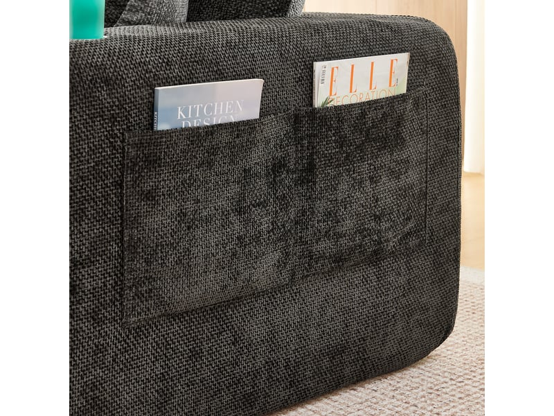 Canapé d'angle modulable noir en tissu lin, design contemporain avec porte-gobelet inox et pochettes de rangement intégrées - Conforama D