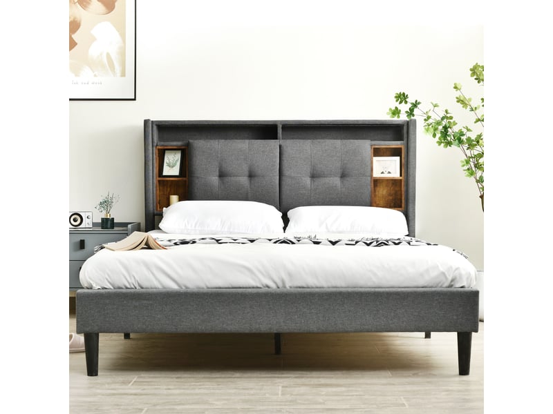  Lit 140x200 cm avec tête de lit rangement, led, usb et prises, sommier à lattes, gris Fay Lum - Conforama D