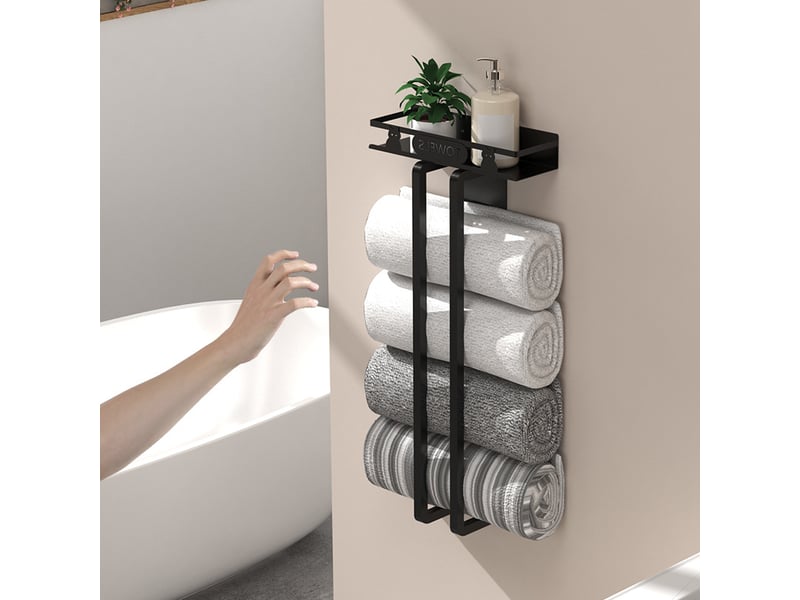  Portasciugamani da bagno, porta-asciugamani da 40 cm con mensola, porta-asciugamani nero per ospiti — adatto per cucina, bagno e camera da letto  - Conforama C